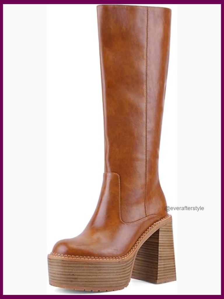 Women's Mid-Calf Platform Heel Boots Square Toe Zip Closure Faux Leather